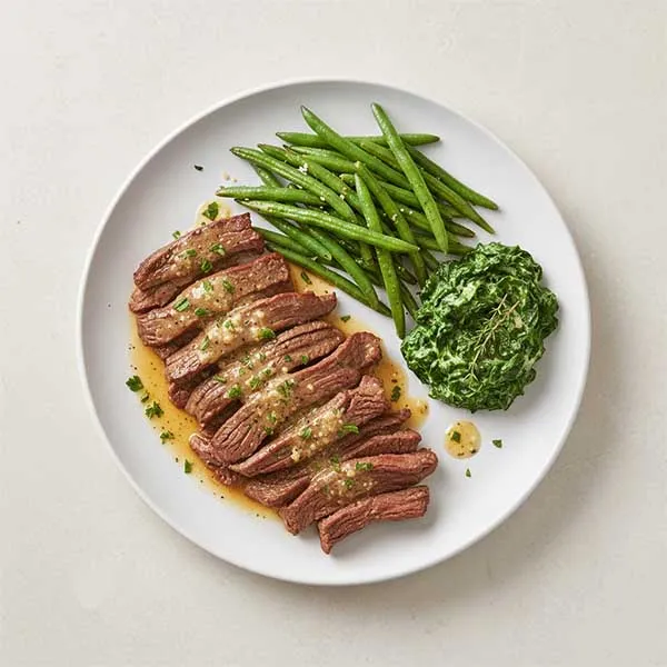 Garlic Butter Steak Bites with creamed spinach and green beans